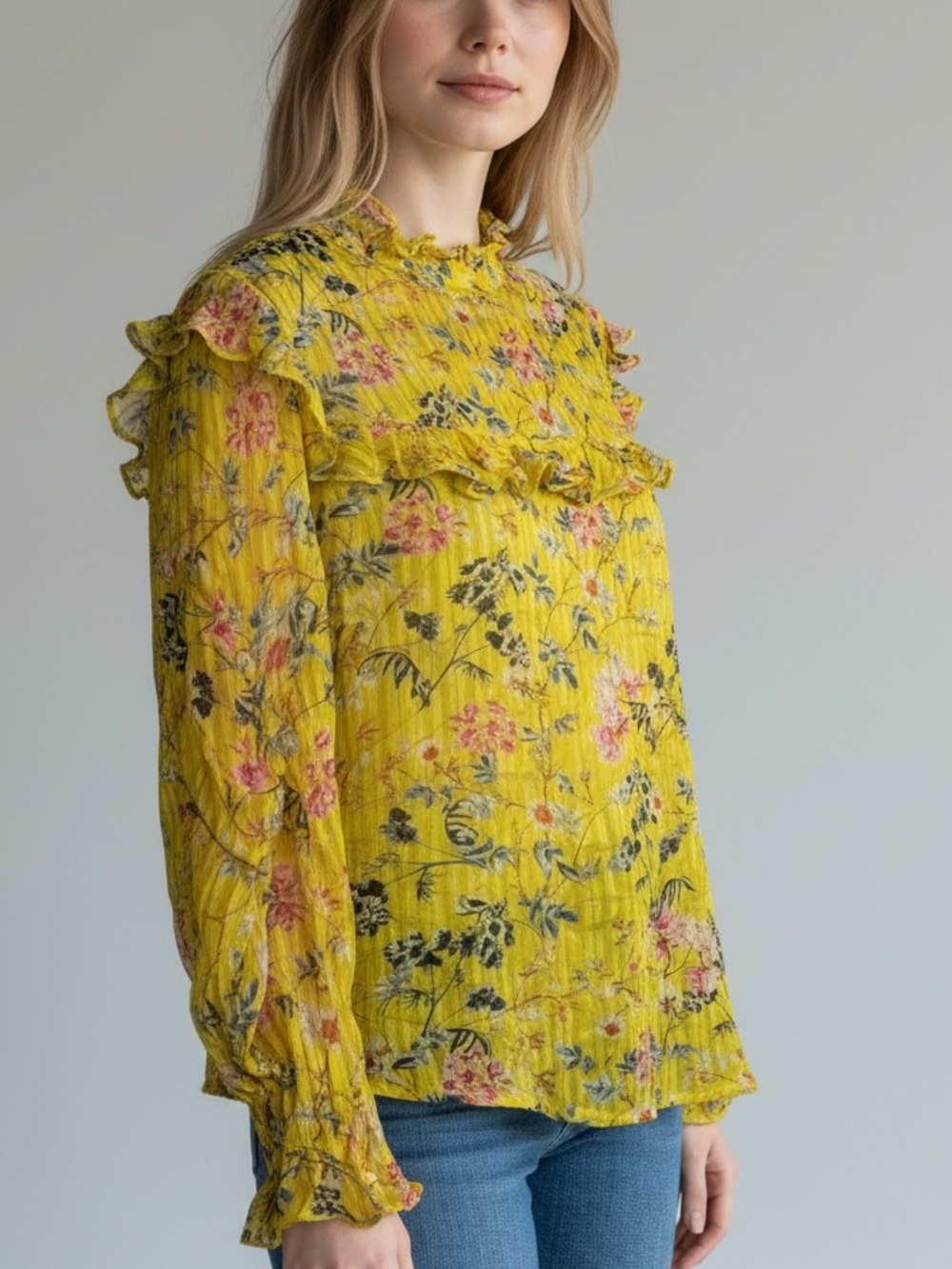 Hemant & Nandita Yellow Floral Ruffle Print Blouse